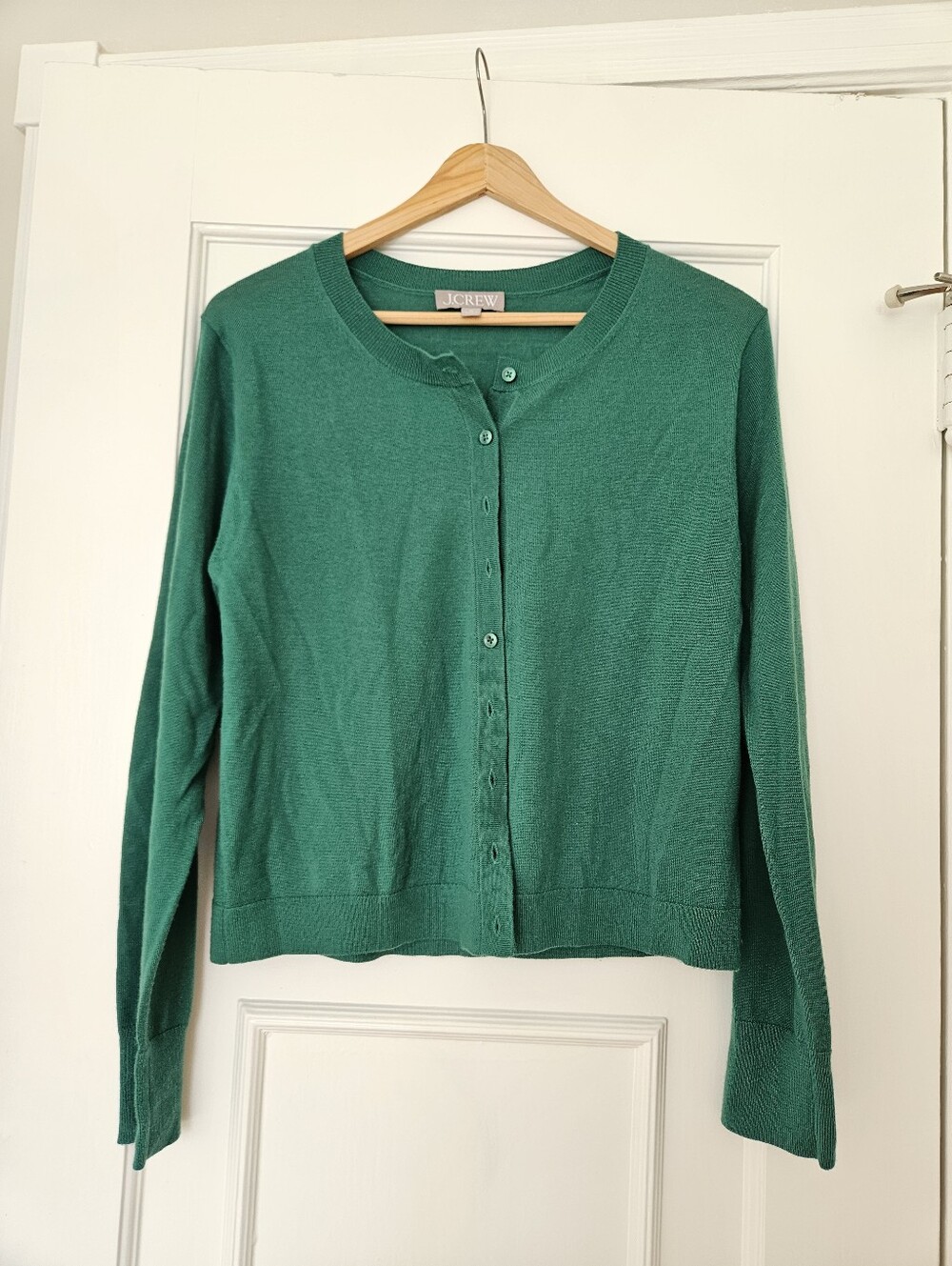 J. Crew Merino Wool Emerald Green Button-Front Crewneck Cardigan Size M